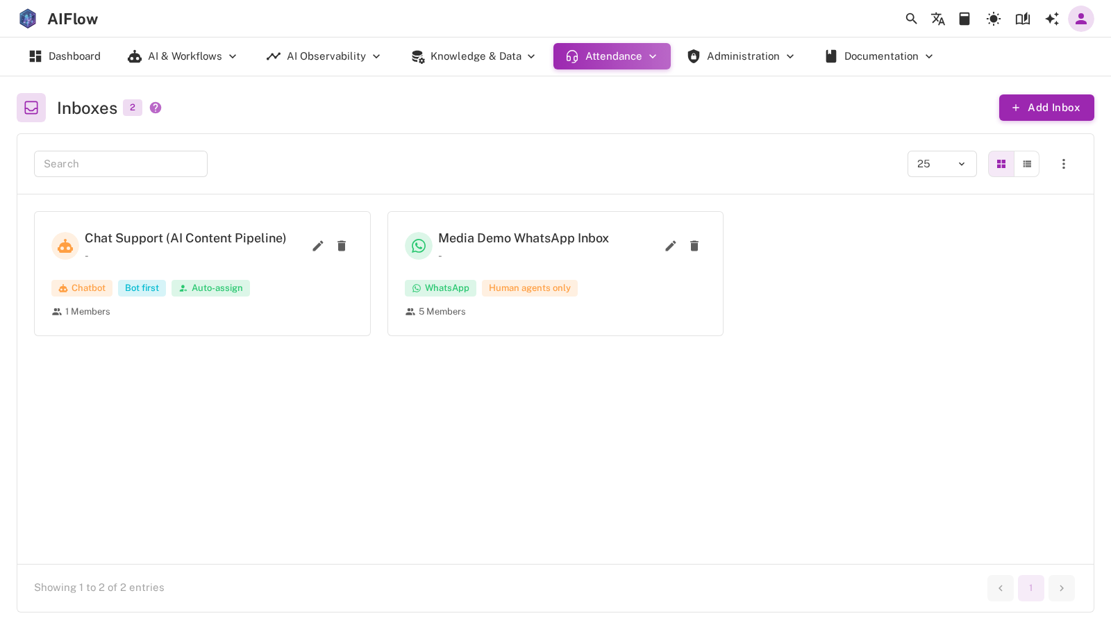 Attendance inboxes page with a bot-first inbox and a human-only inbox