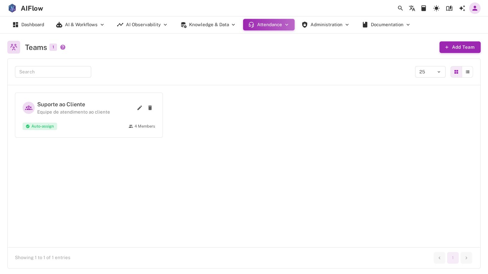 Attendance teams page with a support team and its members
