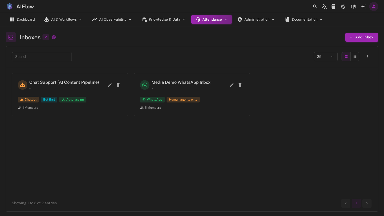 Attendance inboxes page with a bot-first inbox and a human-only inbox