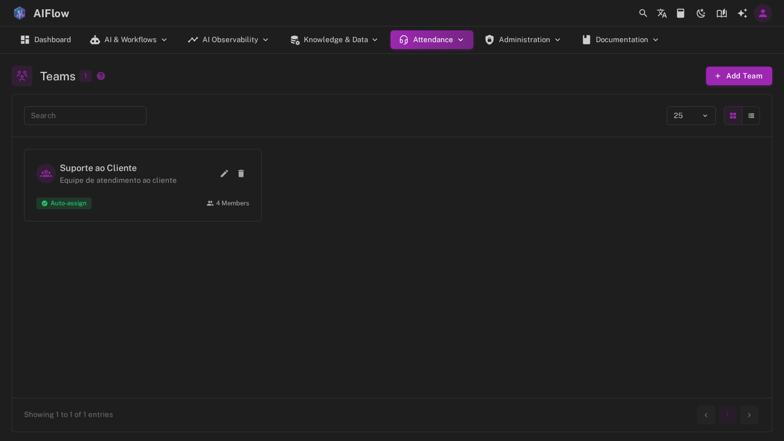 Attendance teams page with a support team and its members