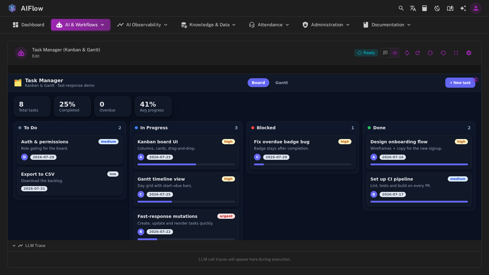 A live Internal App preview in the Builder Area: a drag-and-drop task manager built on a workflow
