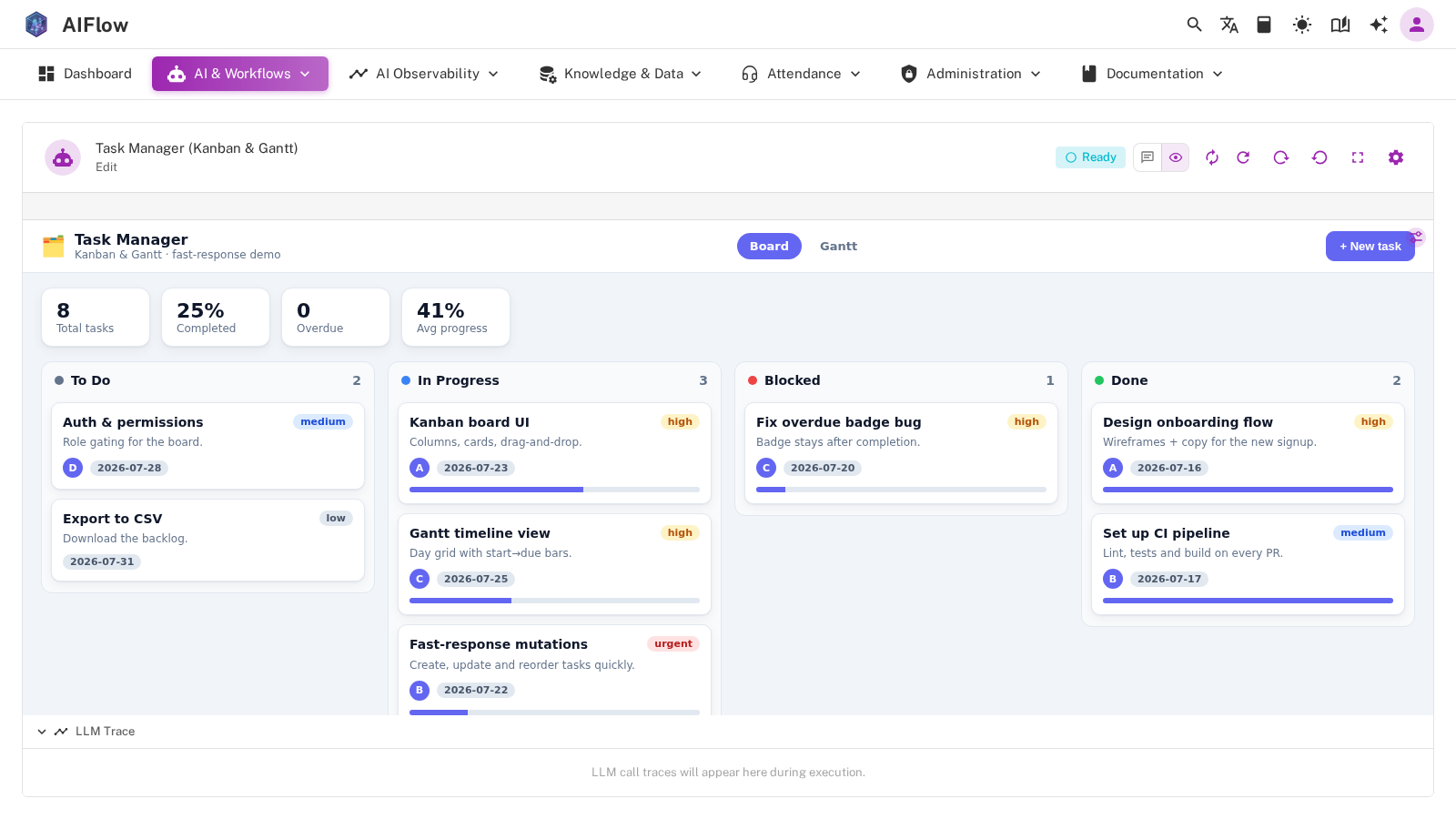 A live Internal App preview in the Builder Area: a drag-and-drop task manager built on a workflow