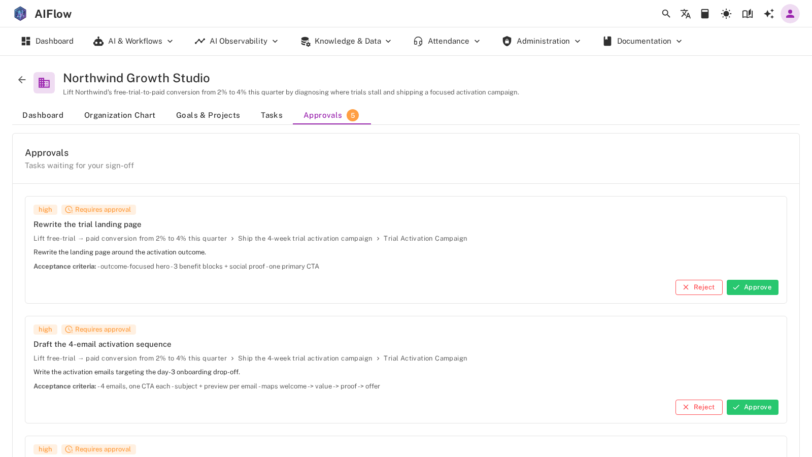 Approval queue where a human reviews agent deliverables